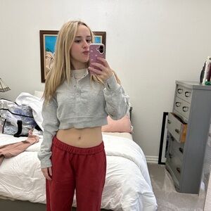 Gray Cropped aerie offline quarter button sweatshirt